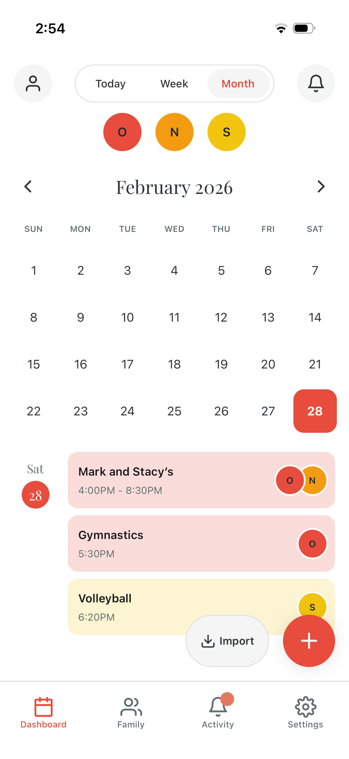 Kid Pickup's calendar with each child's pickups for the month
