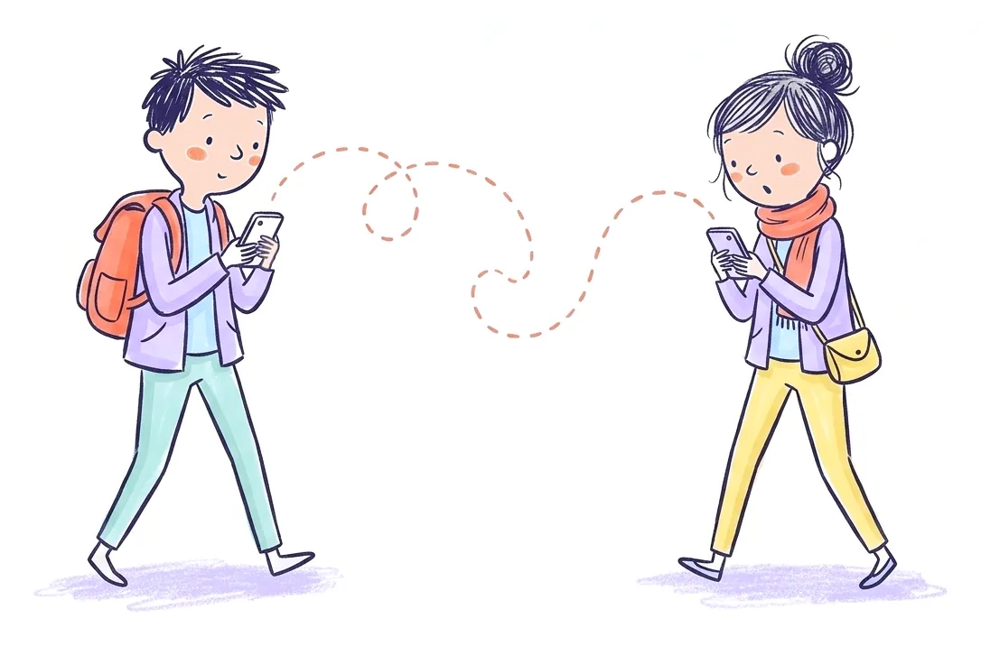 Two parents far apart, each surprised at their phone, as their dotted paths miss each other