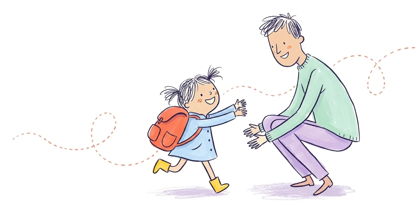 A dad crouching with his arms out as his daughter runs to him