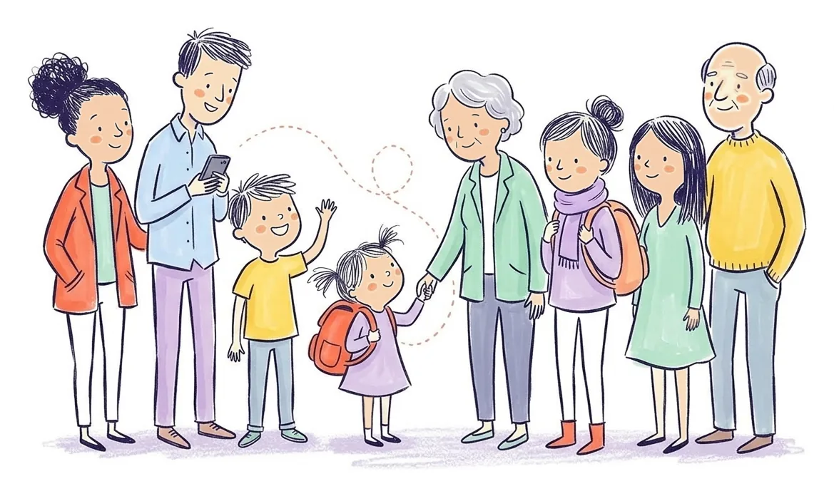 A family and the people who help them: parents, grandparents, a sitter and a neighbour, waving as the kids run over
